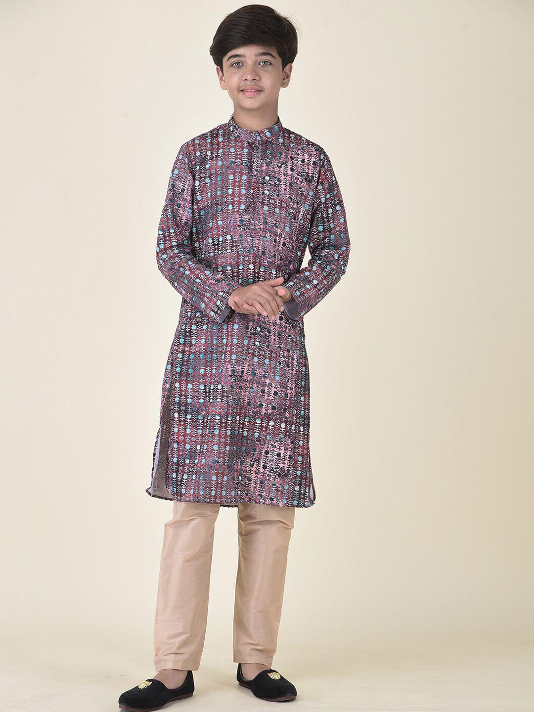 tabard boys maroon ethnic motifs printed pure cotton kurta with churidar