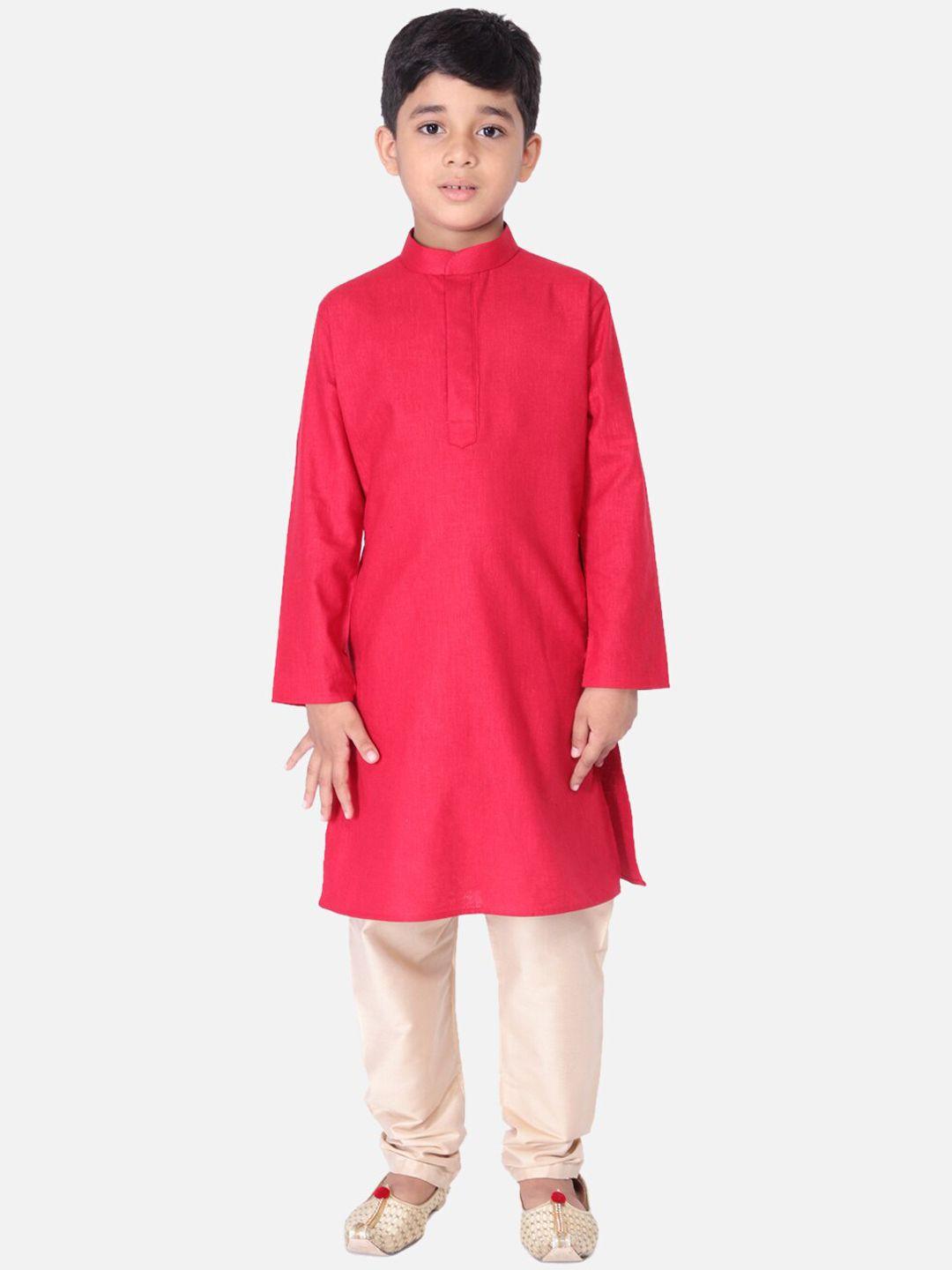 tabard boys red & copper-toned regular pure cotton kurta & churidar with nehru jacket