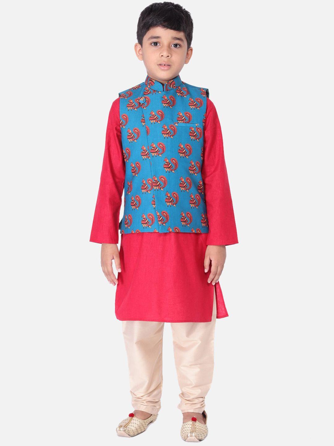 tabard boys red solid straight pure cotton kurta & nehru jacket set
