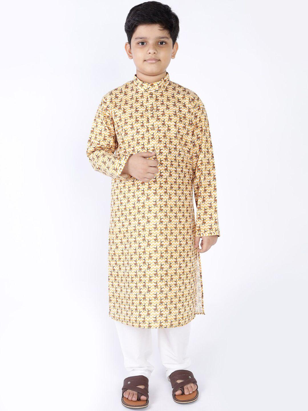 tabard boys yellow & white ethnic motifs printed pure cotton kurta with churidar