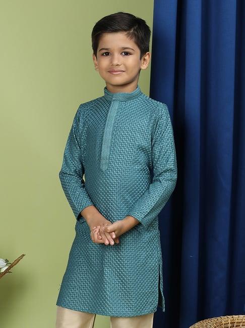 tabard cotton full sleeve regular fit chikankari embroidery green kurta for kids