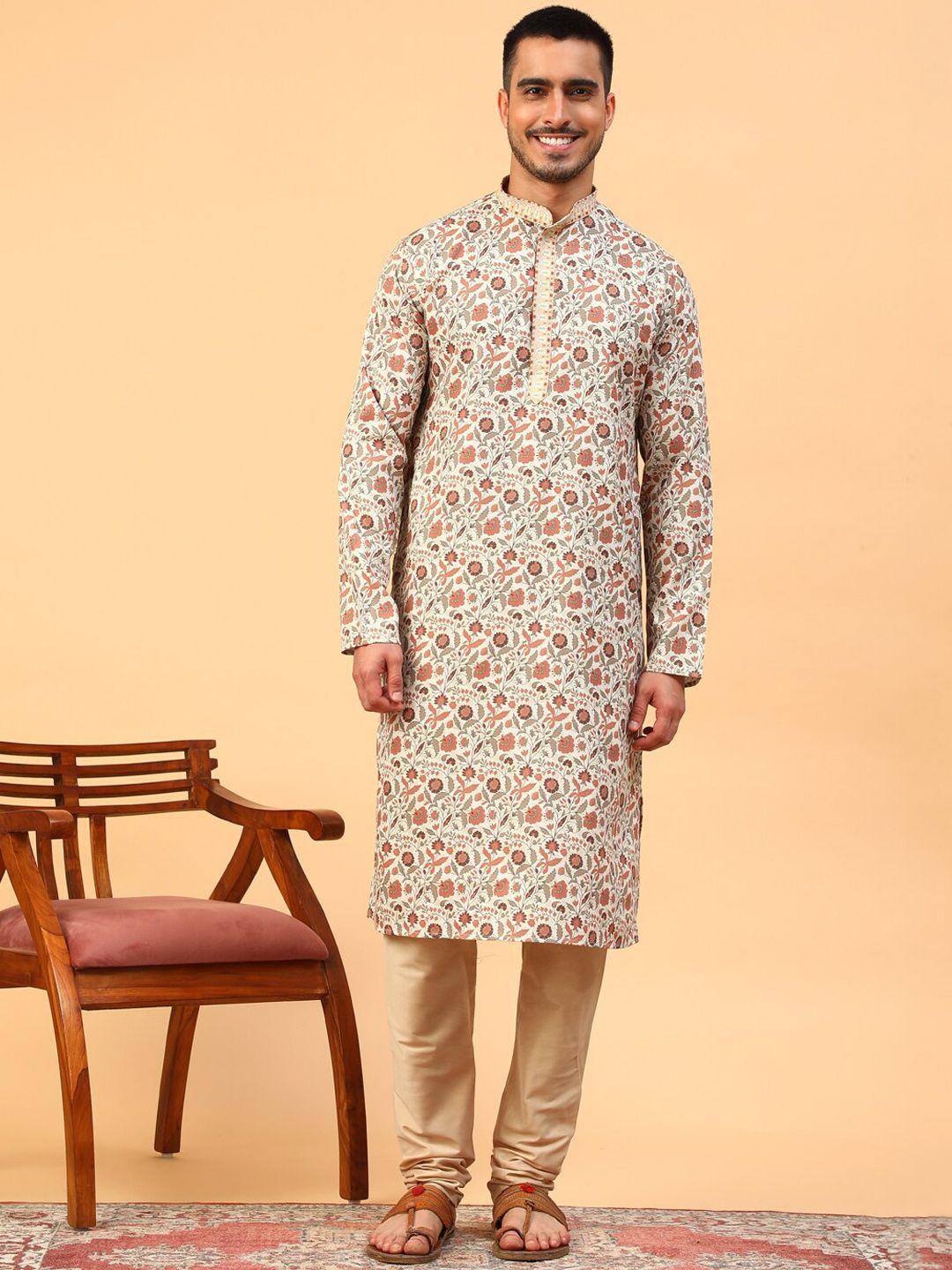 tabard floral printed mandarin collar pure cotton kurta with churidar