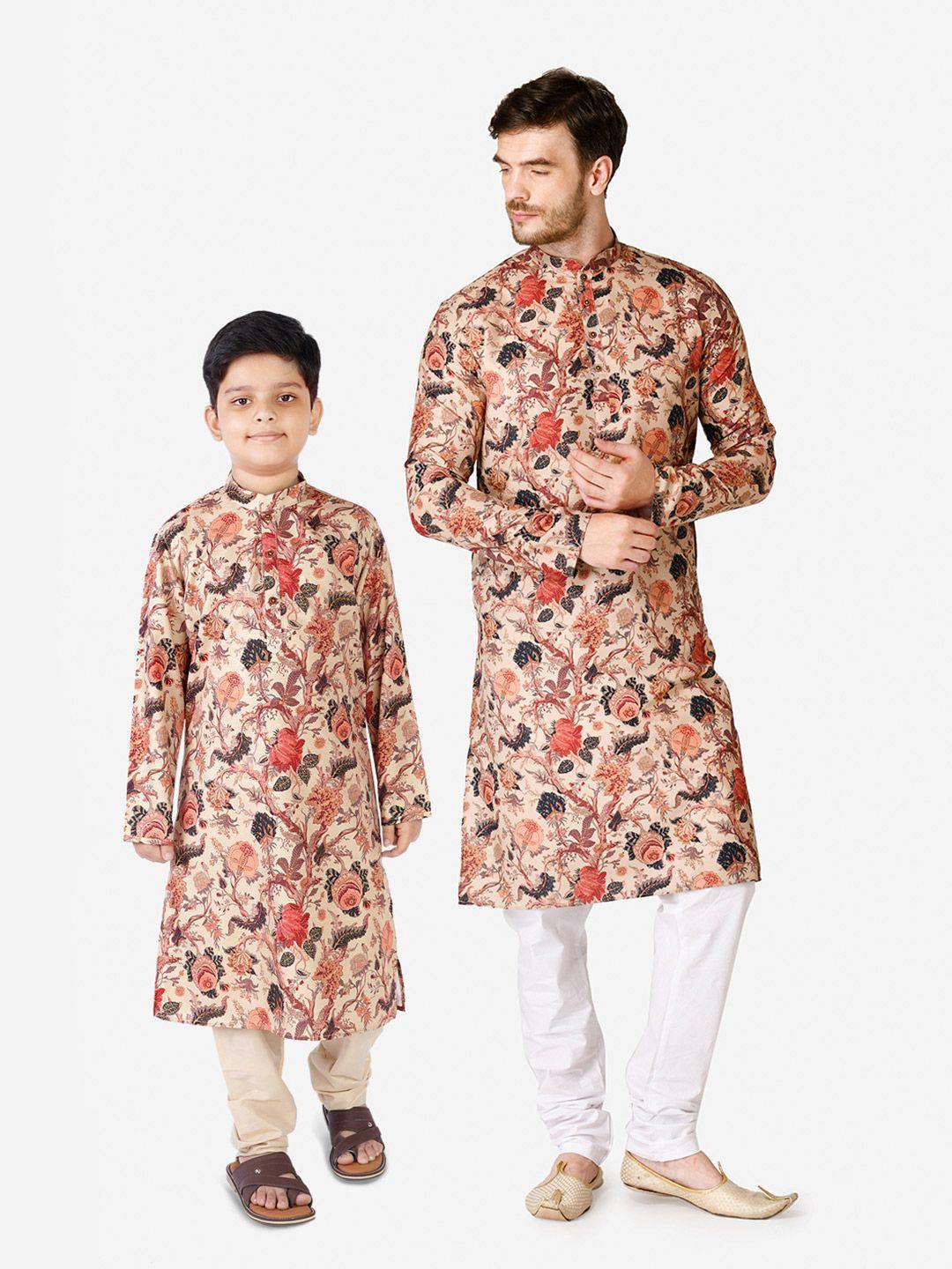 tabard kid boys  blue floral printed pure cotton kurta with churidar set