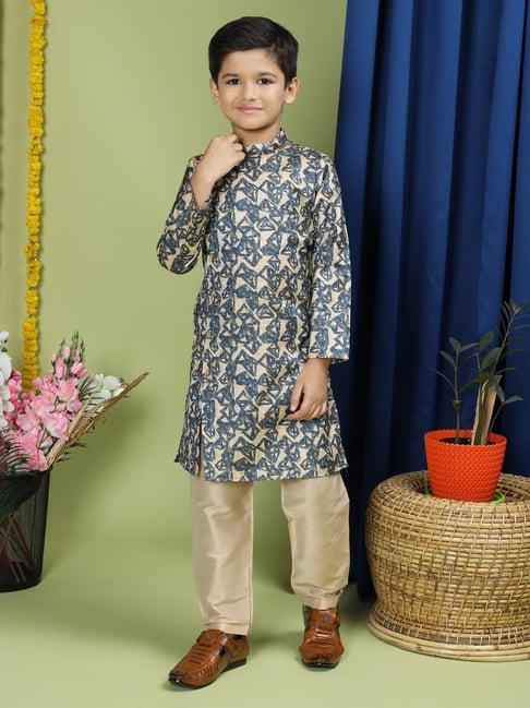 tabard kids beige & blue printed full sleeves kurta with pyjamas