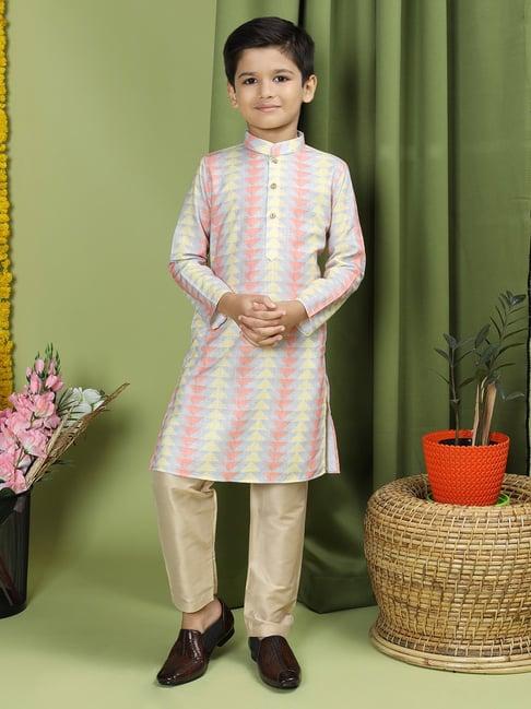 tabard kids grey & beige printed full sleeves kurta with pyjamas