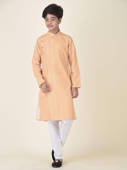 tabard kids light orange & white printed kurta + pyjamas