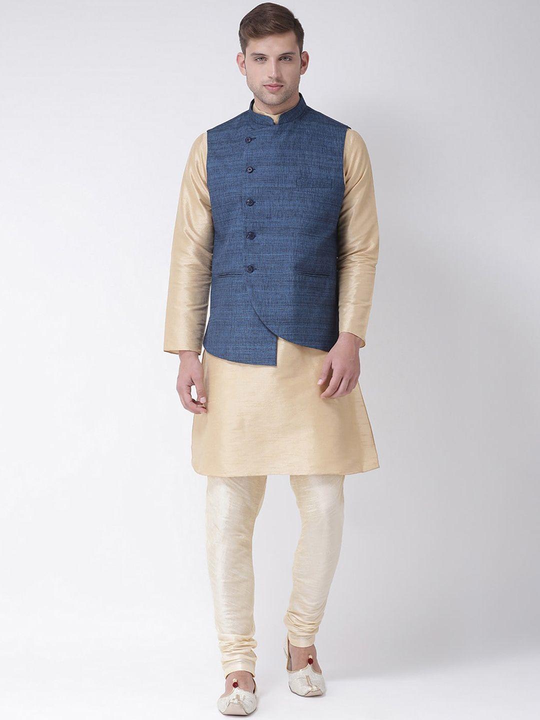 tabard men beige & blue solid kurta with churidar & jacket