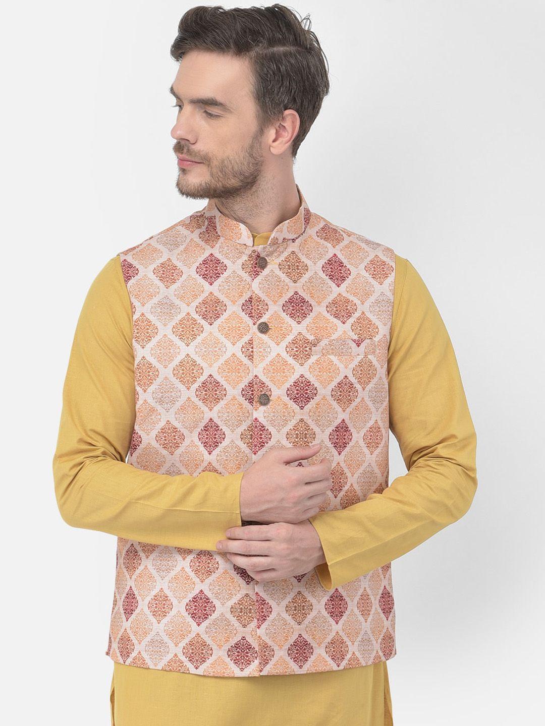 tabard men beige & orange printed woven nehru jacket