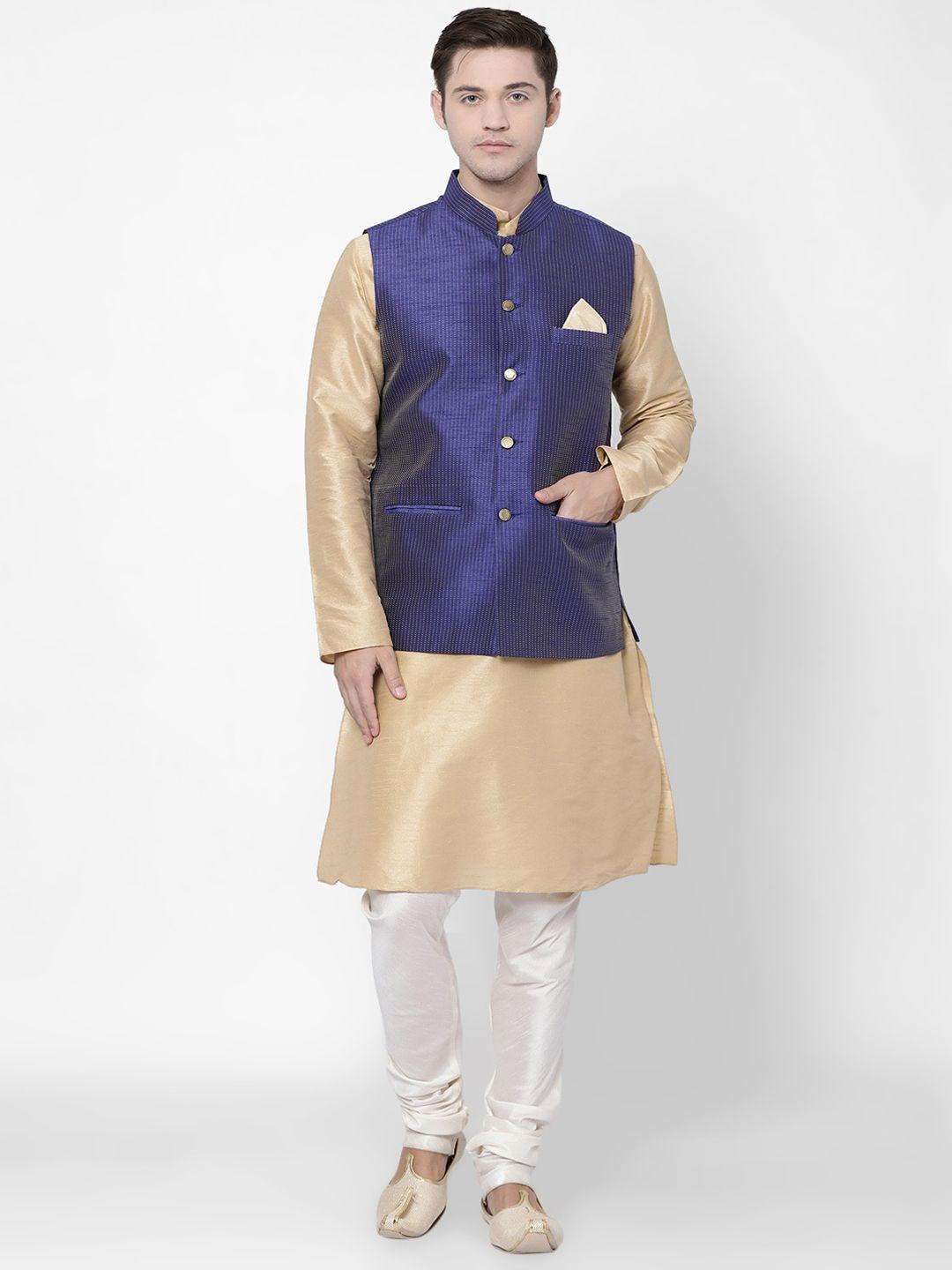 tabard men beige & purple solid kurta with churidar & nehru jacket