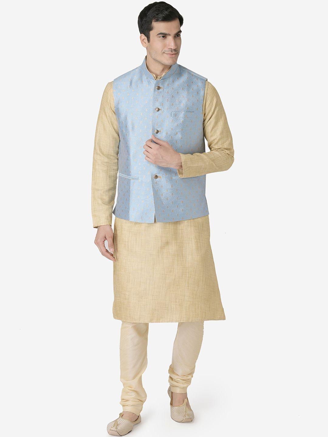 tabard men beige dupion silk kurta with churidar & nehru jacket