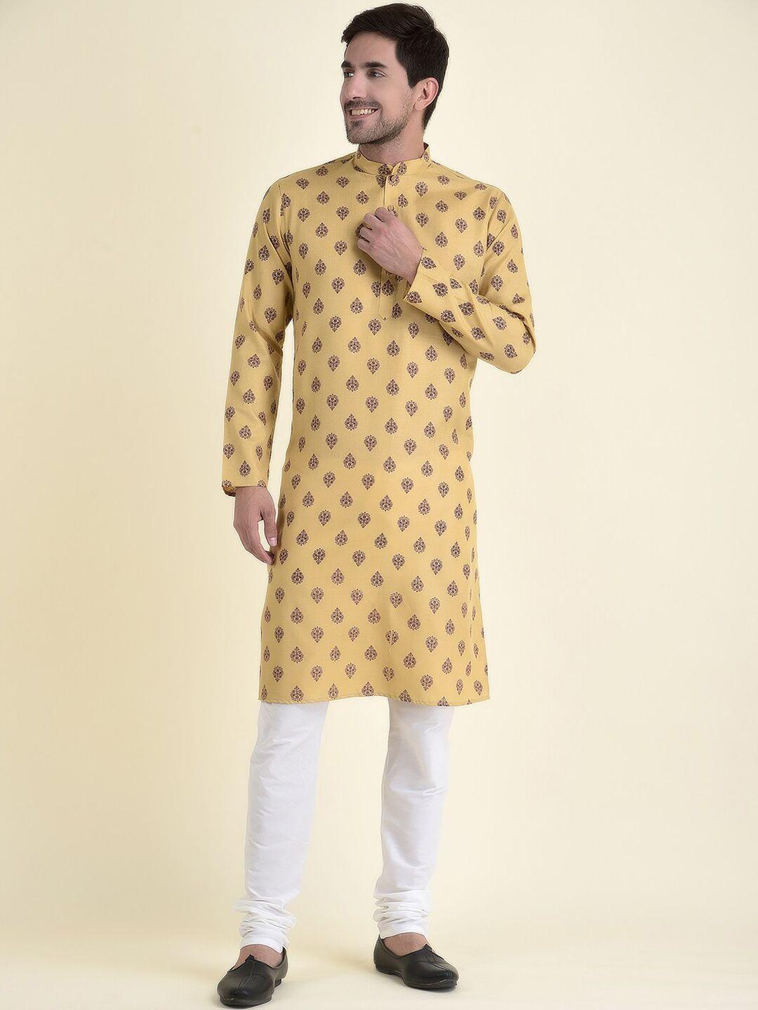 tabard men beige ethnic motifs printed mandarin collar cotton kurta