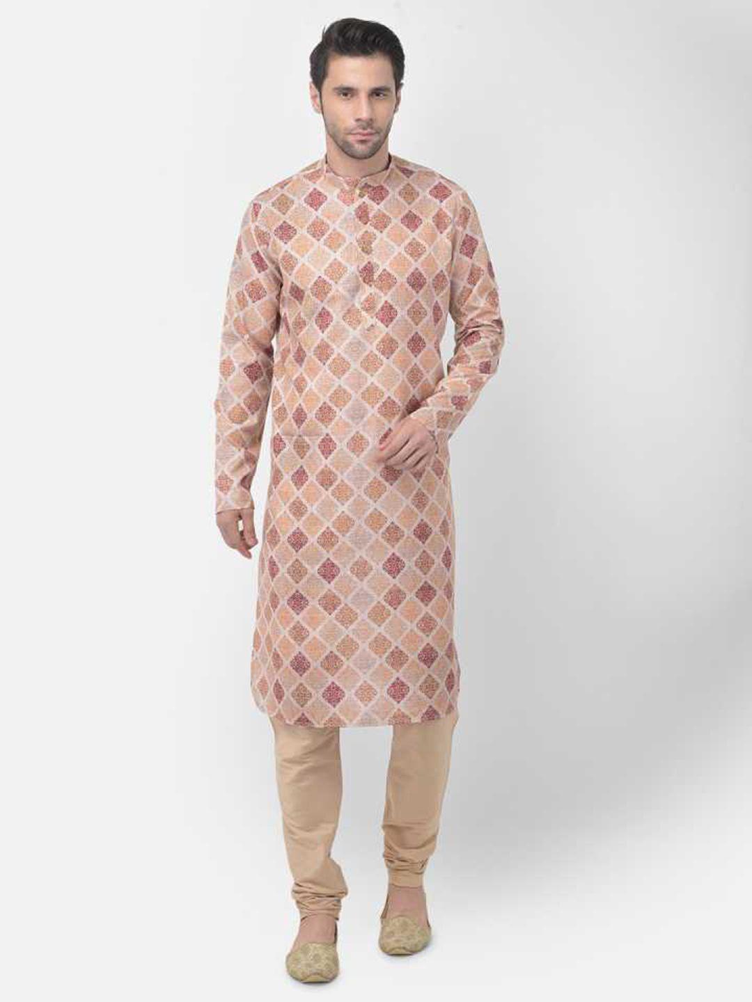 tabard men beige ethnic motifs pure cotton printed kurta with pyjamas