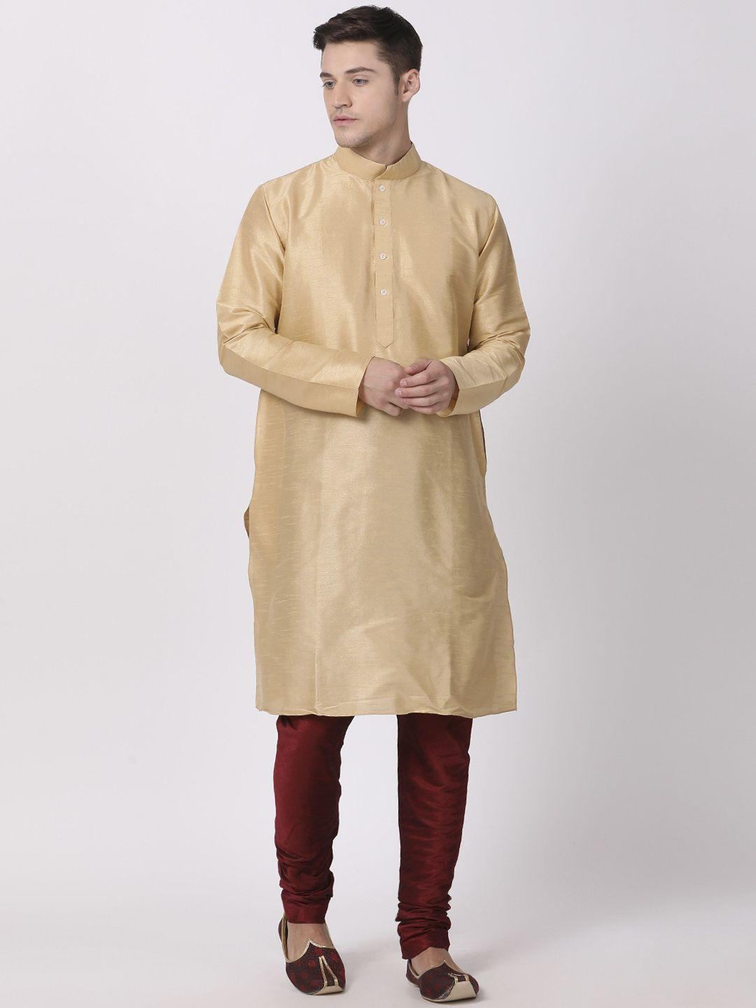 tabard men beige regular dupion silk solid kurta with churidar