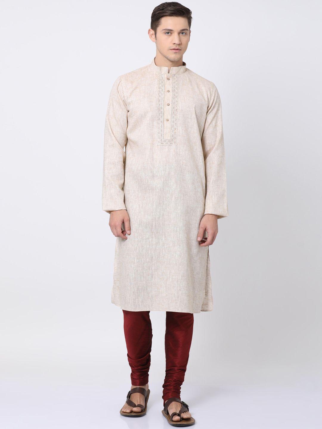 tabard men beige solid cotton plain kurta