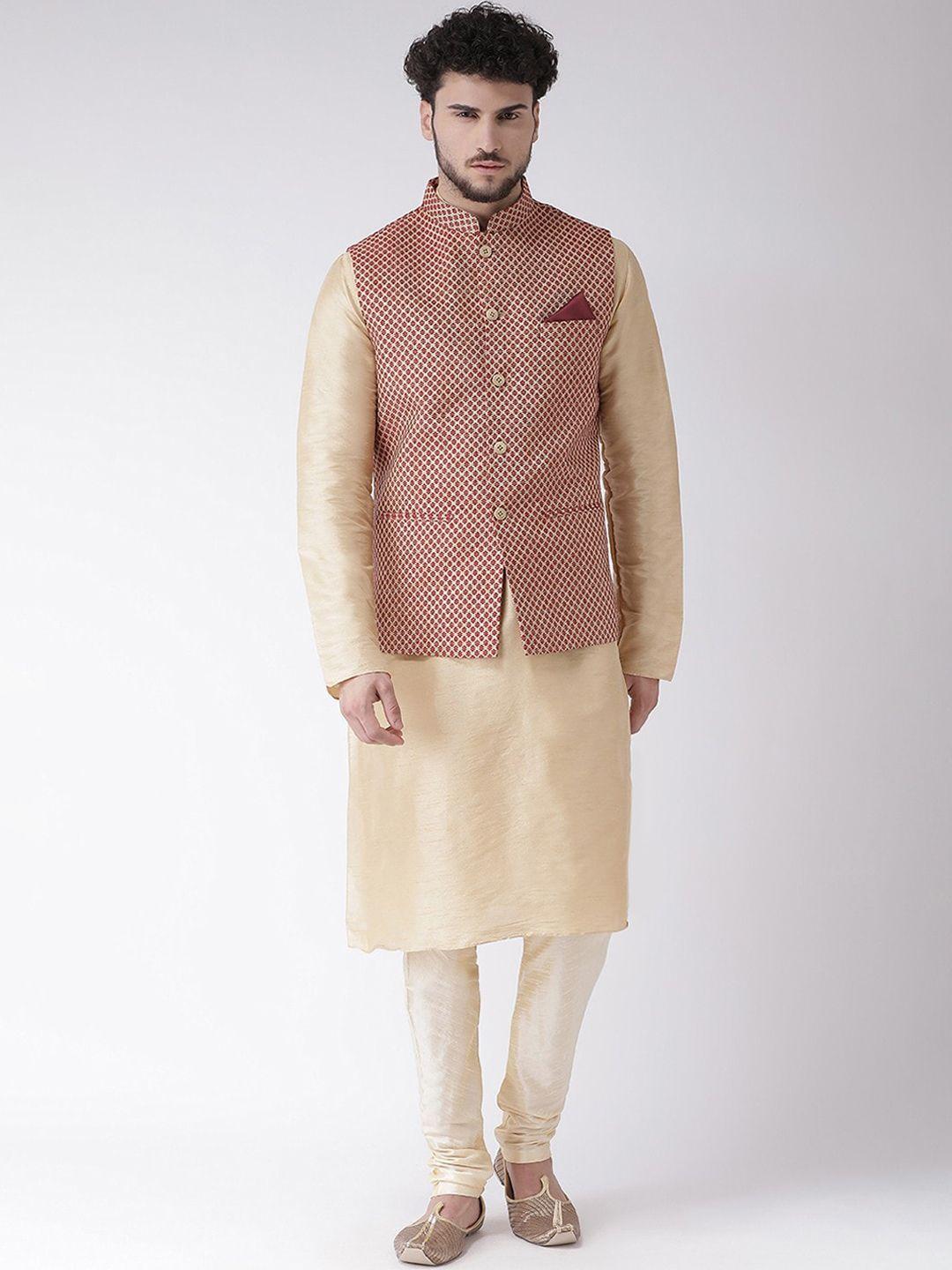 tabard men beige solid kurta with churidar & nehru jacket
