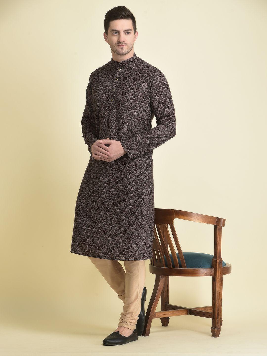 tabard men black & beige ethnic motifs printed cotton kurta