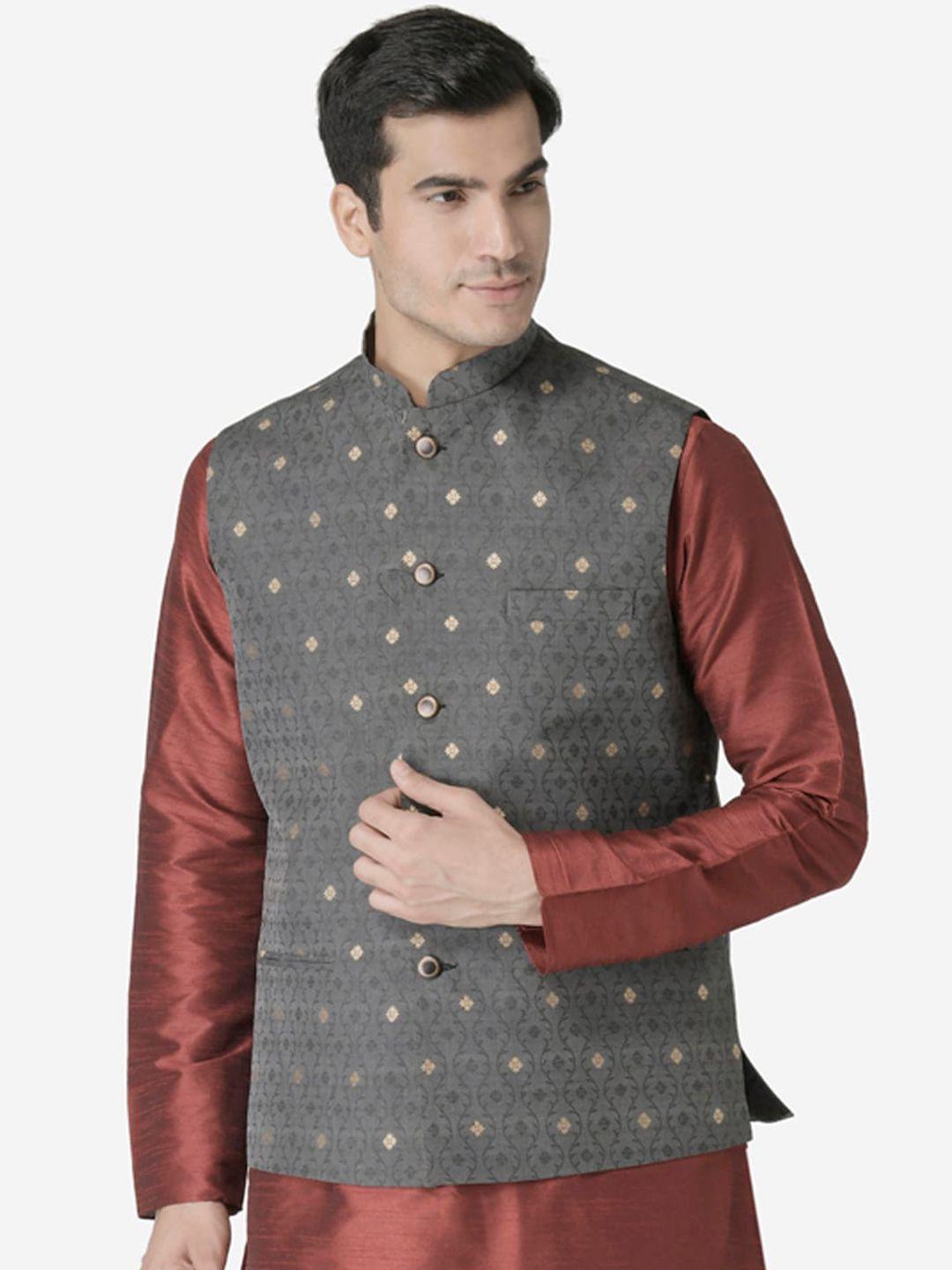 tabard men black & beige woven design nehru jacket