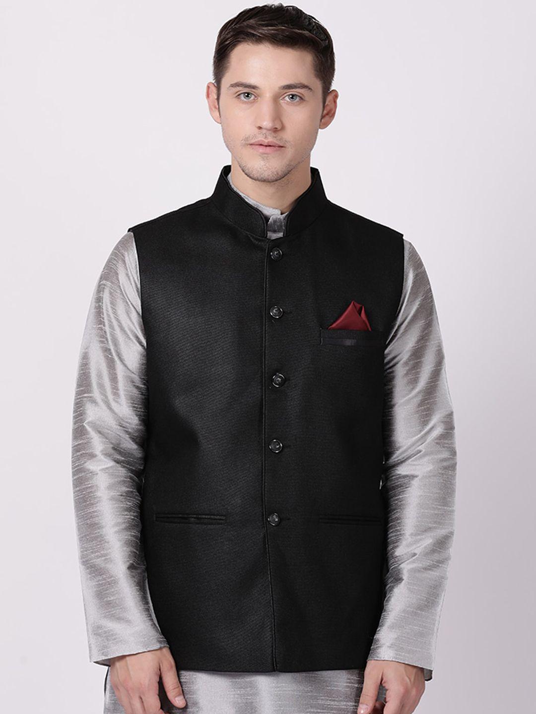 tabard men black solid cotton woven nehru jacket