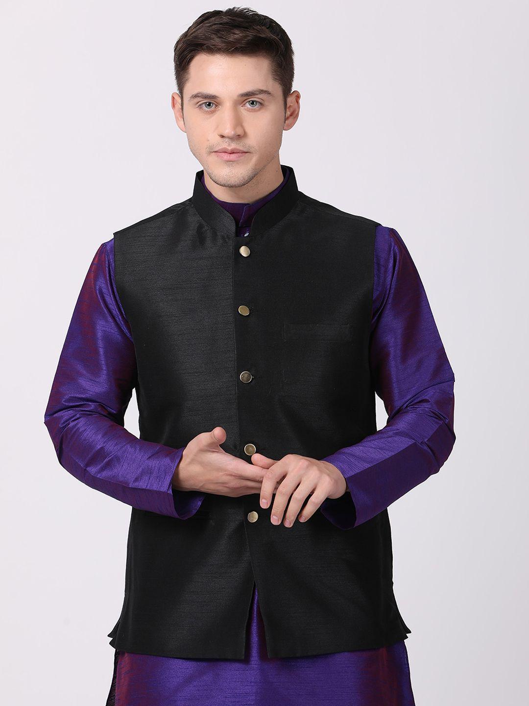 tabard men black solid woven nehru jacket