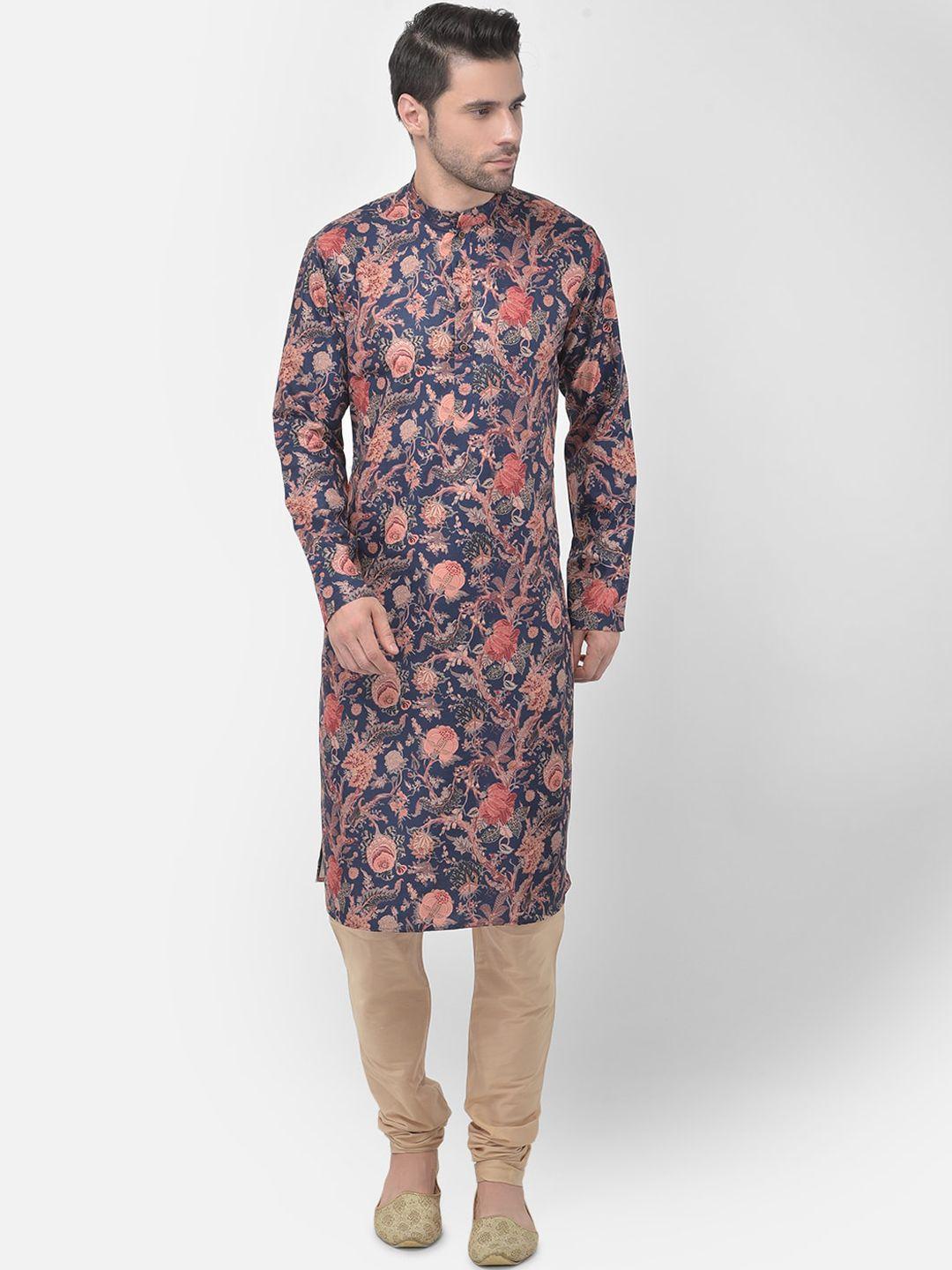 tabard men blue & red floral printed pure cotton kurta with churidar