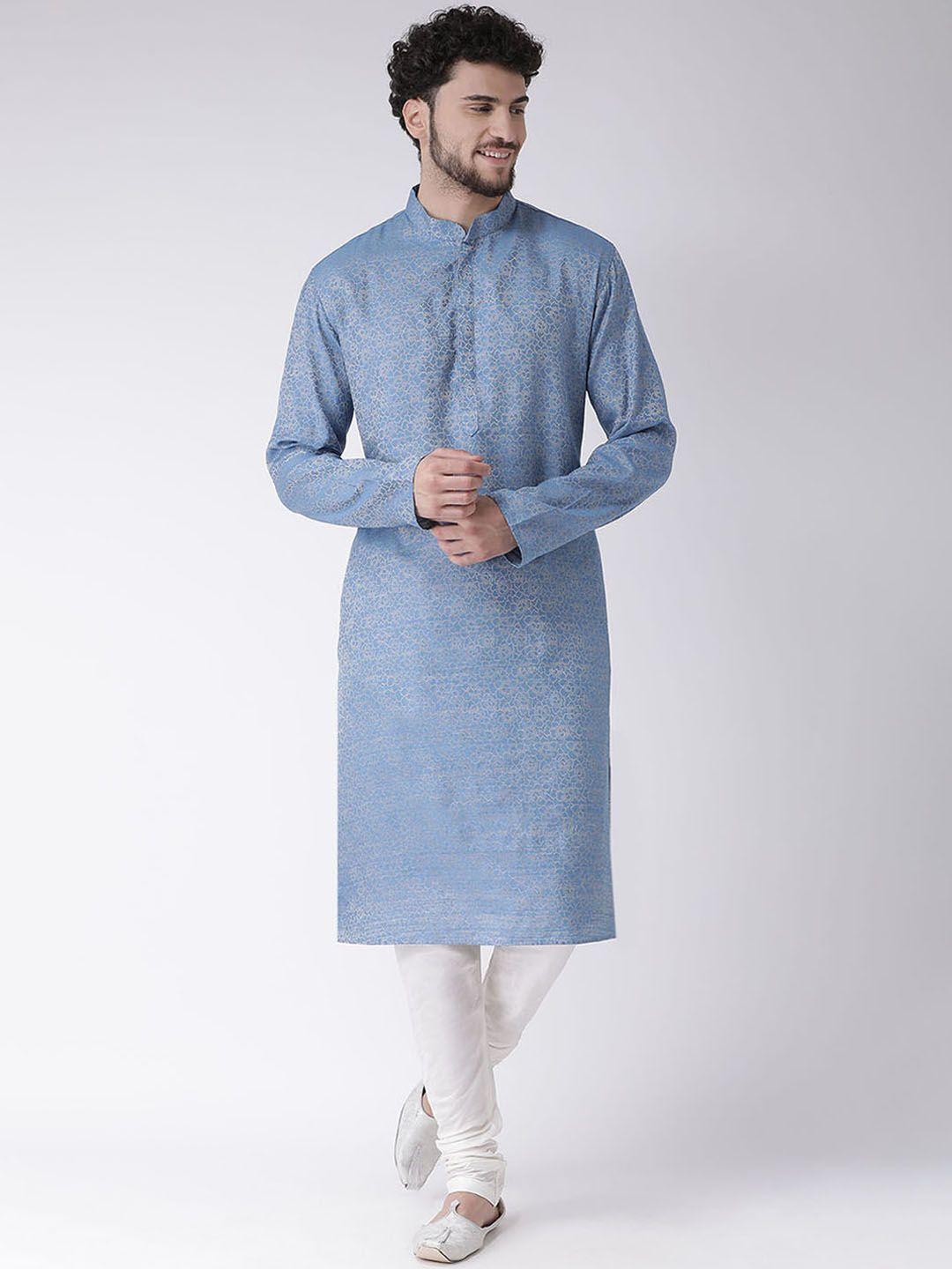 tabard men blue silk blend printed kurta with churidar