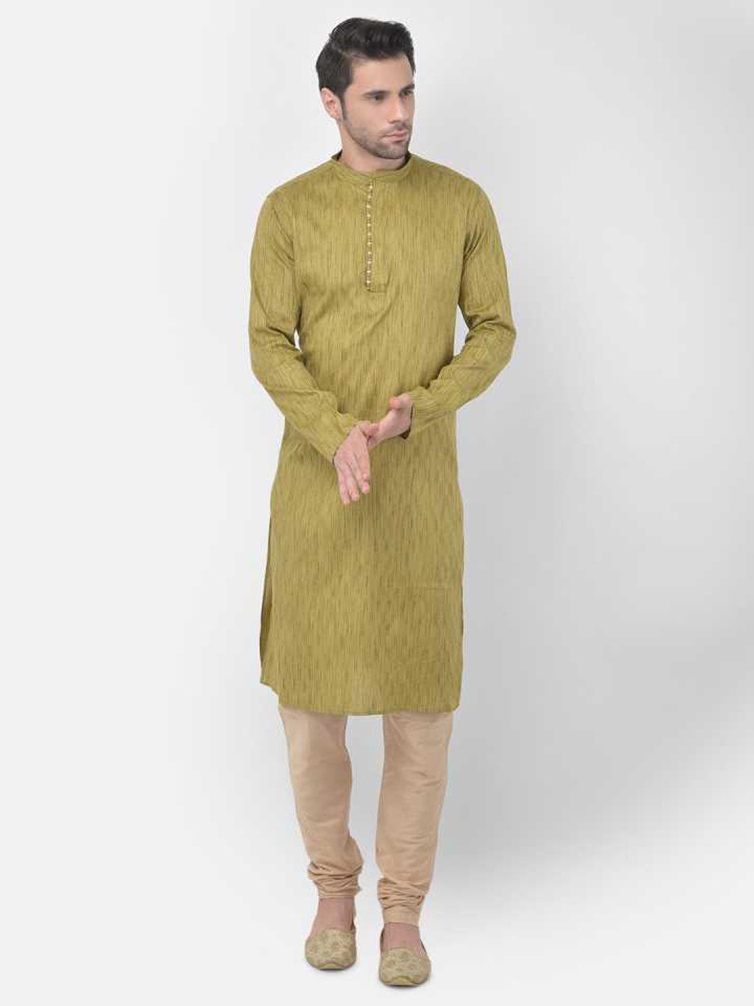 tabard men green & beige pure cotton kurta with churidar