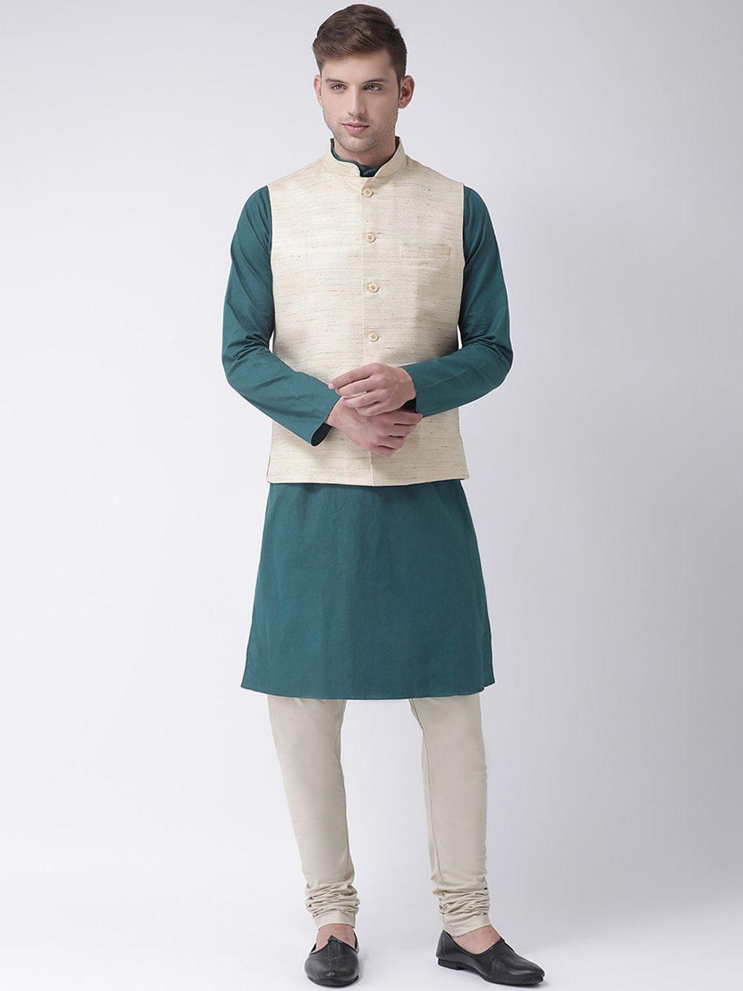 tabard men green & off-white solid kurta set with nehru jacket