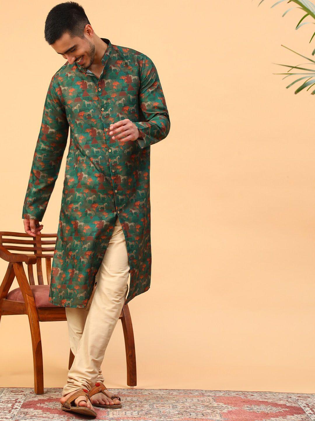 tabard men green printed regular pure cotton kurta with churidar