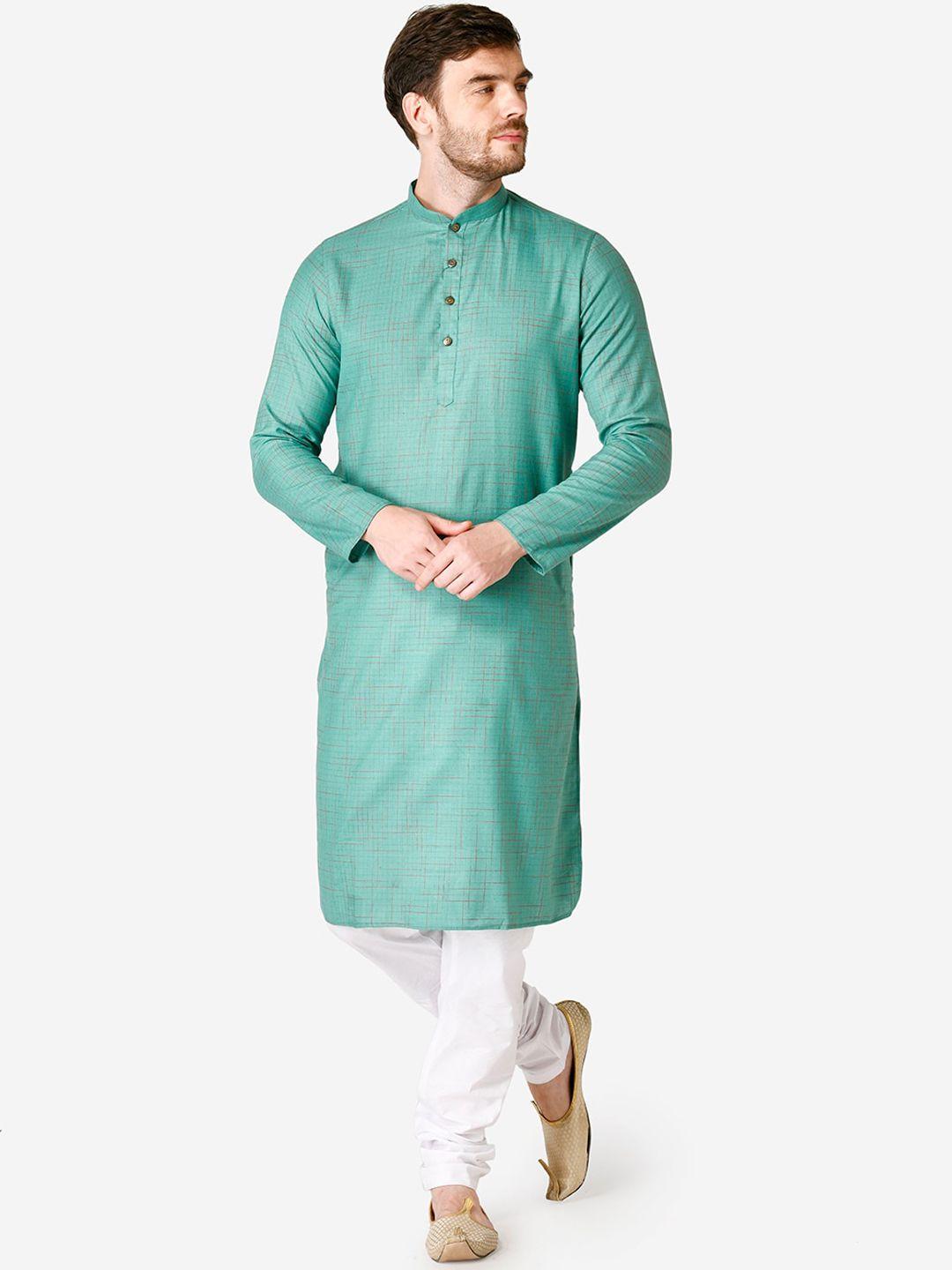 tabard men green pure cotton checks kurta with pyjamas