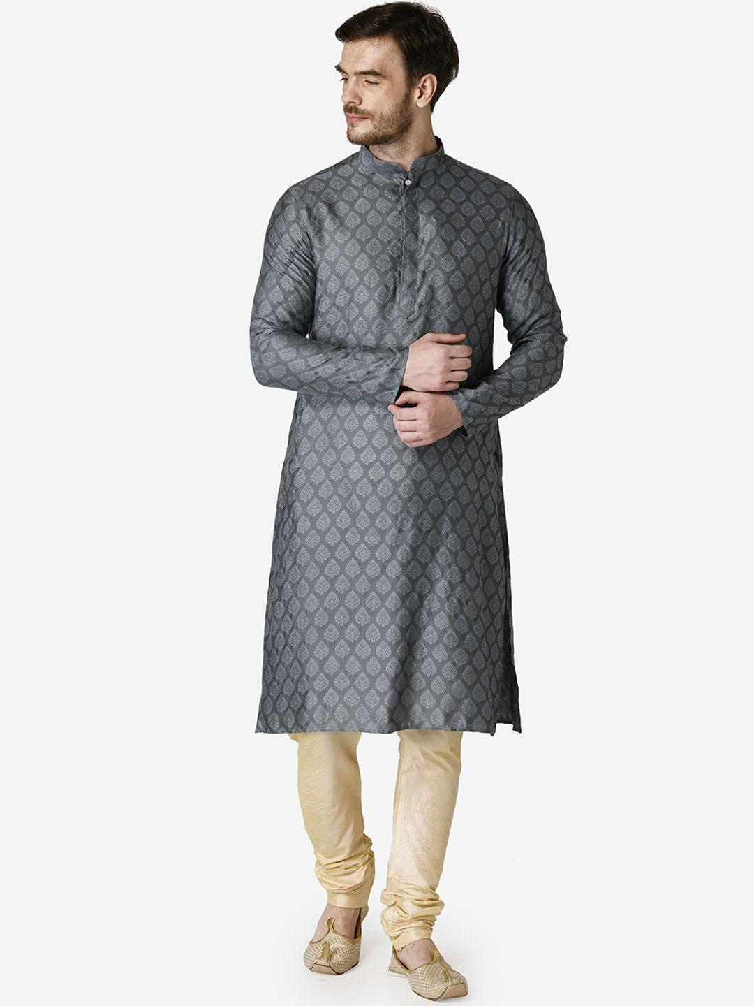 tabard men grey & off-white ethnic motifs printed kurta with churidar