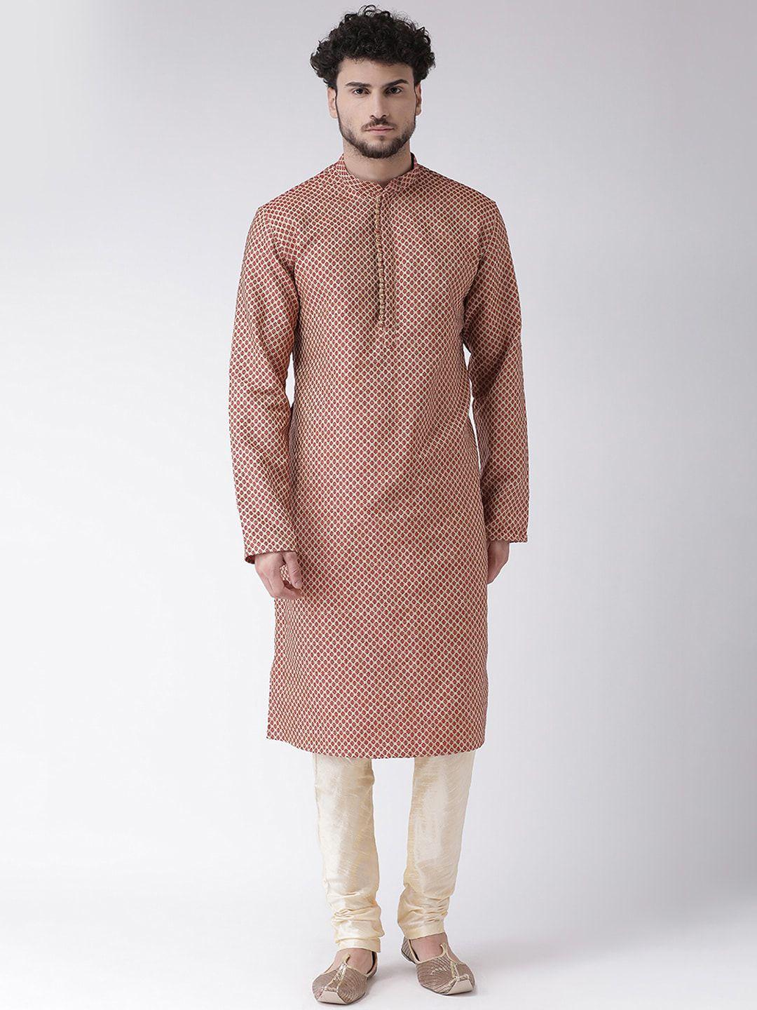 tabard men maroon & cream-coloured ethnic motifs kurta with churidar