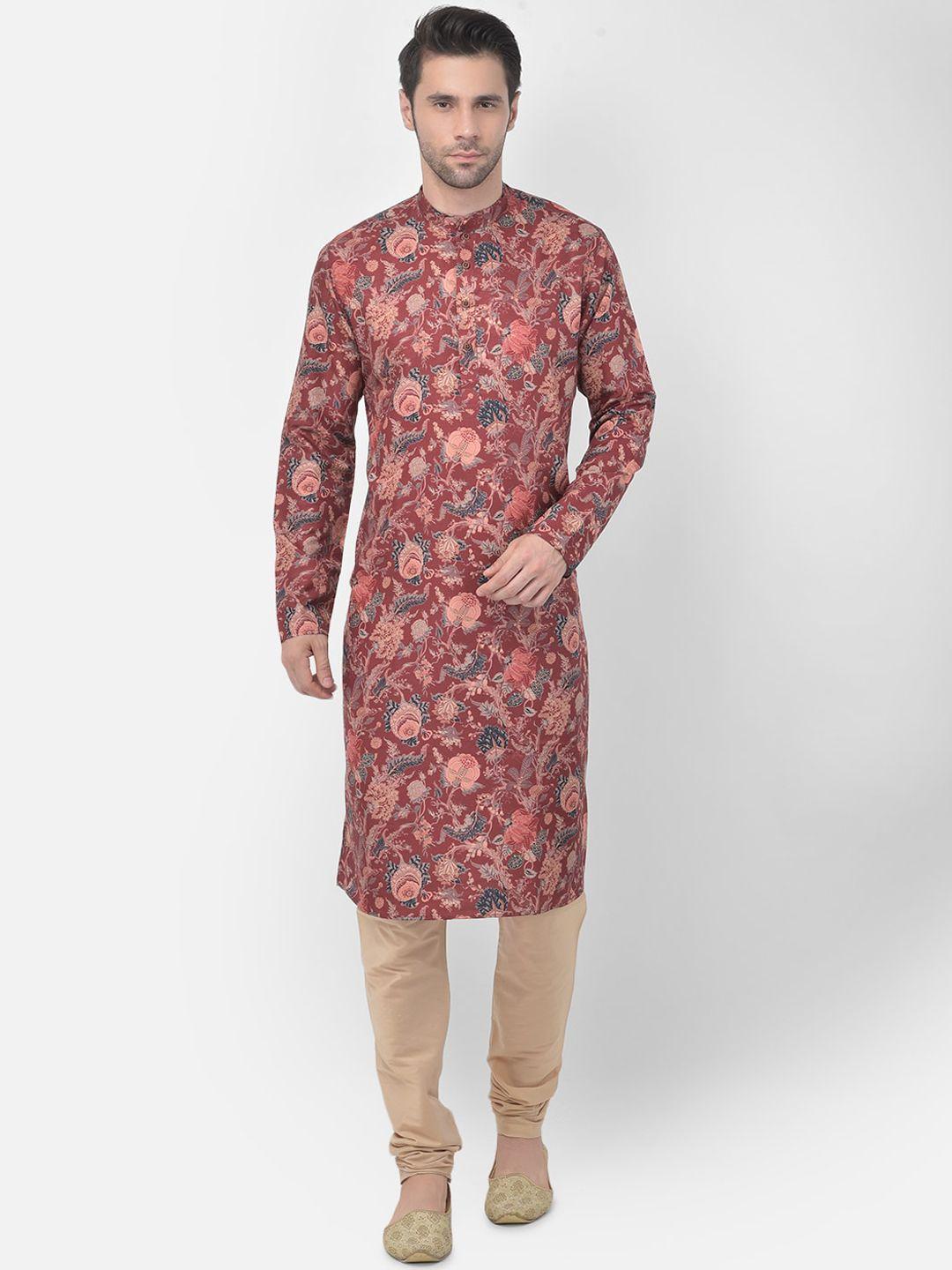 tabard men maroon & pink ethnic motifs printed kurta