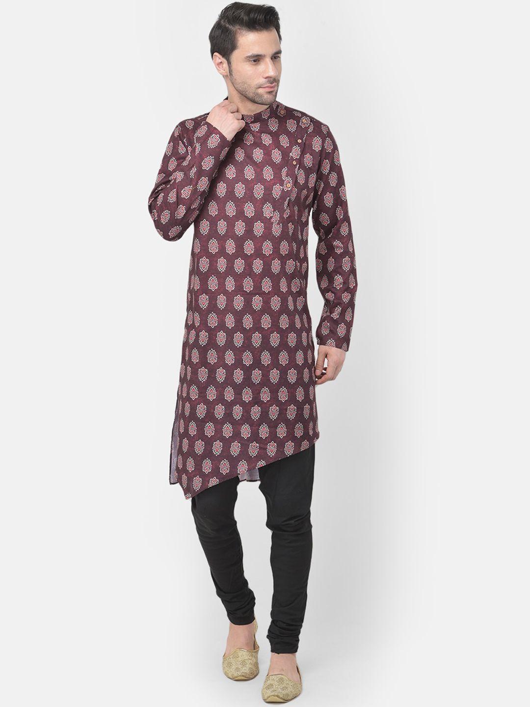 tabard men maroon & white ethnic motifs printed cotton kurta