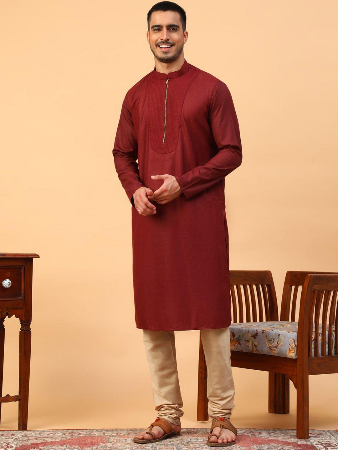 tabard men maroon yoke design regular pure cotton kurta with churidar