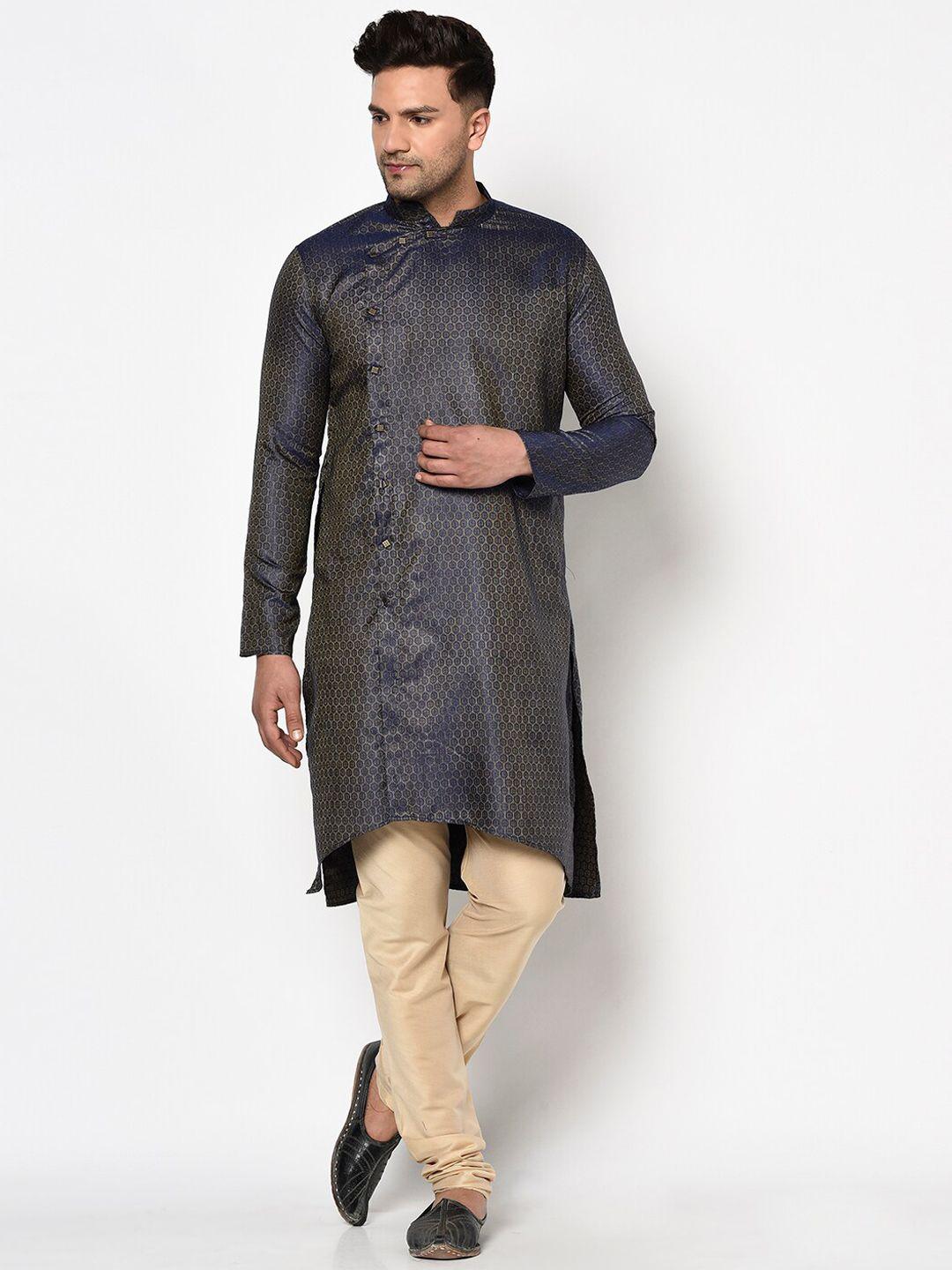 tabard men navy blue & gold-coloured straight kurta with pyjamas