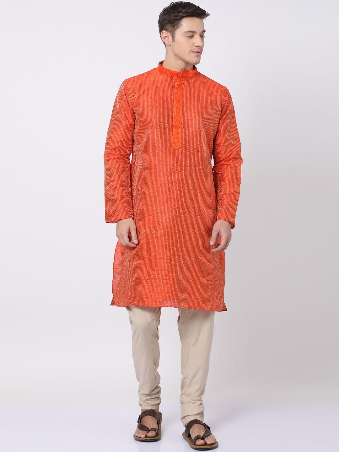 tabard men orange striped regular kurta with churidar