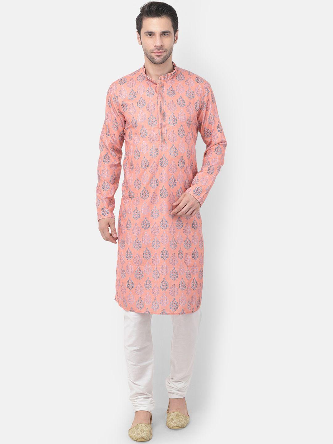 tabard men peach-coloured & blue ethnic motifs printed kurta