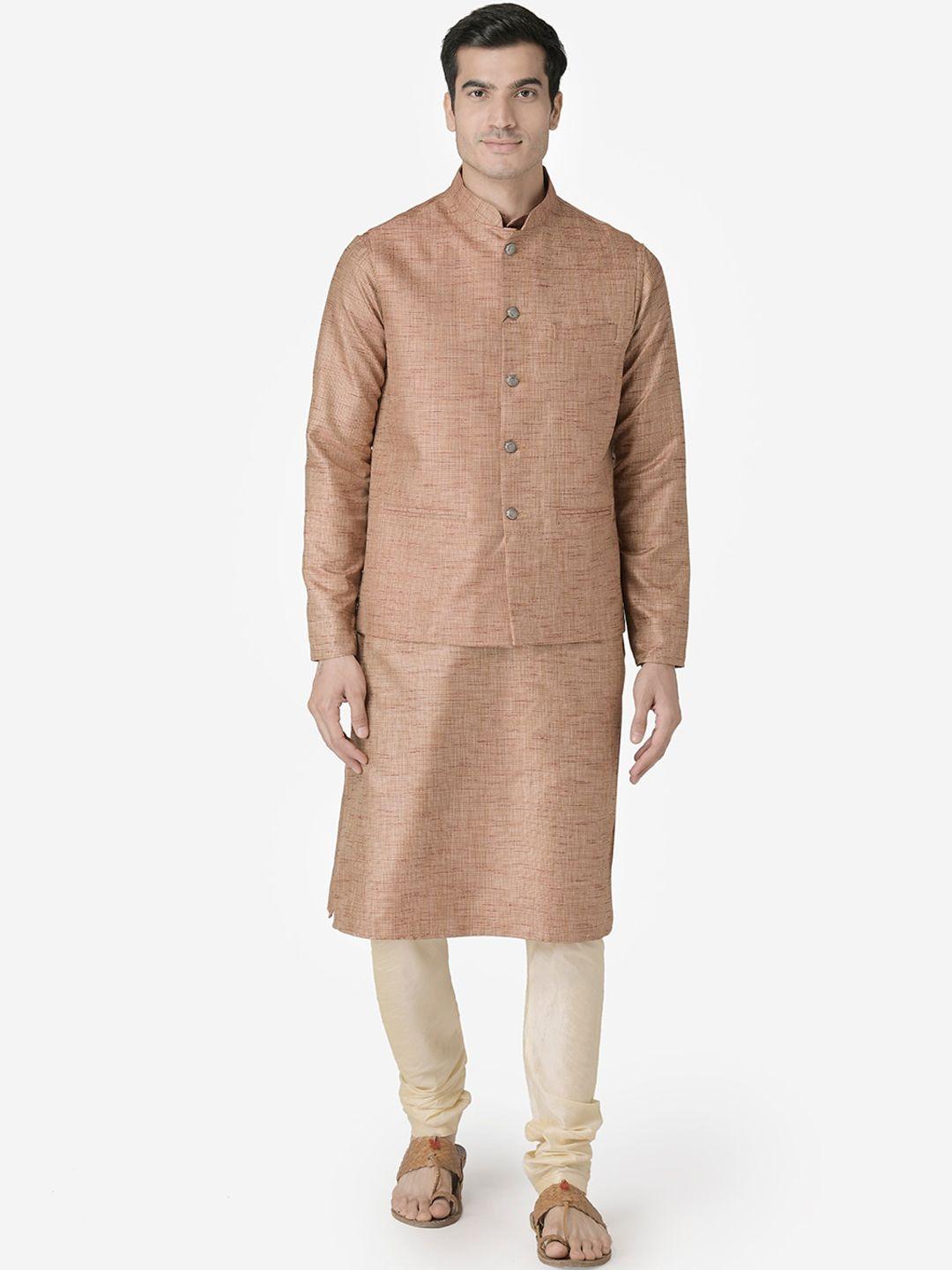 tabard men red regular pure silk kurta with churidar and nehru jacket