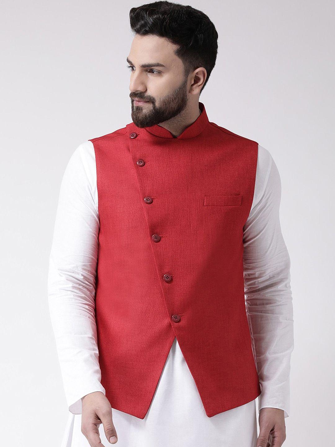 tabard men red solid pure cotton woven nehru jacket