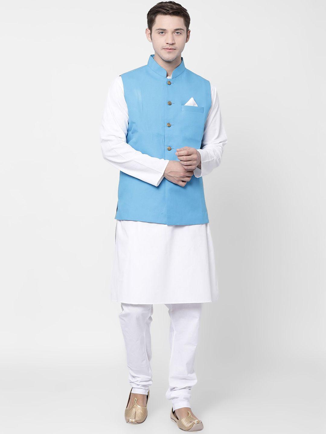 tabard men white solid kurta with churidar & nehru jacket
