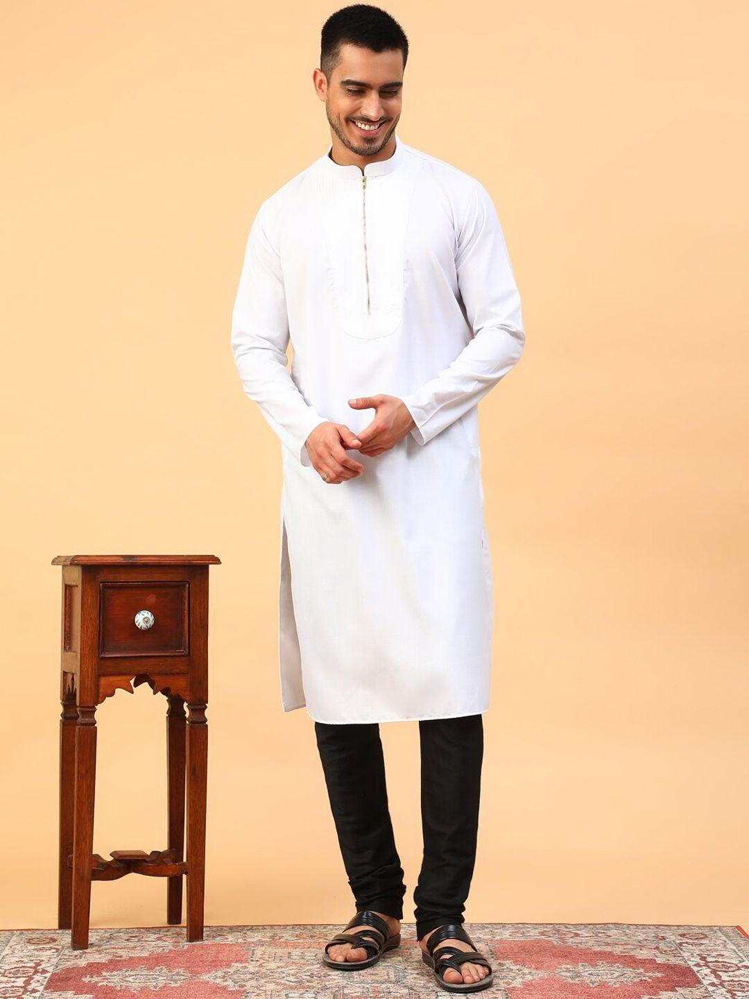 tabard men white yoke design regular pure cotton kurta with churidar