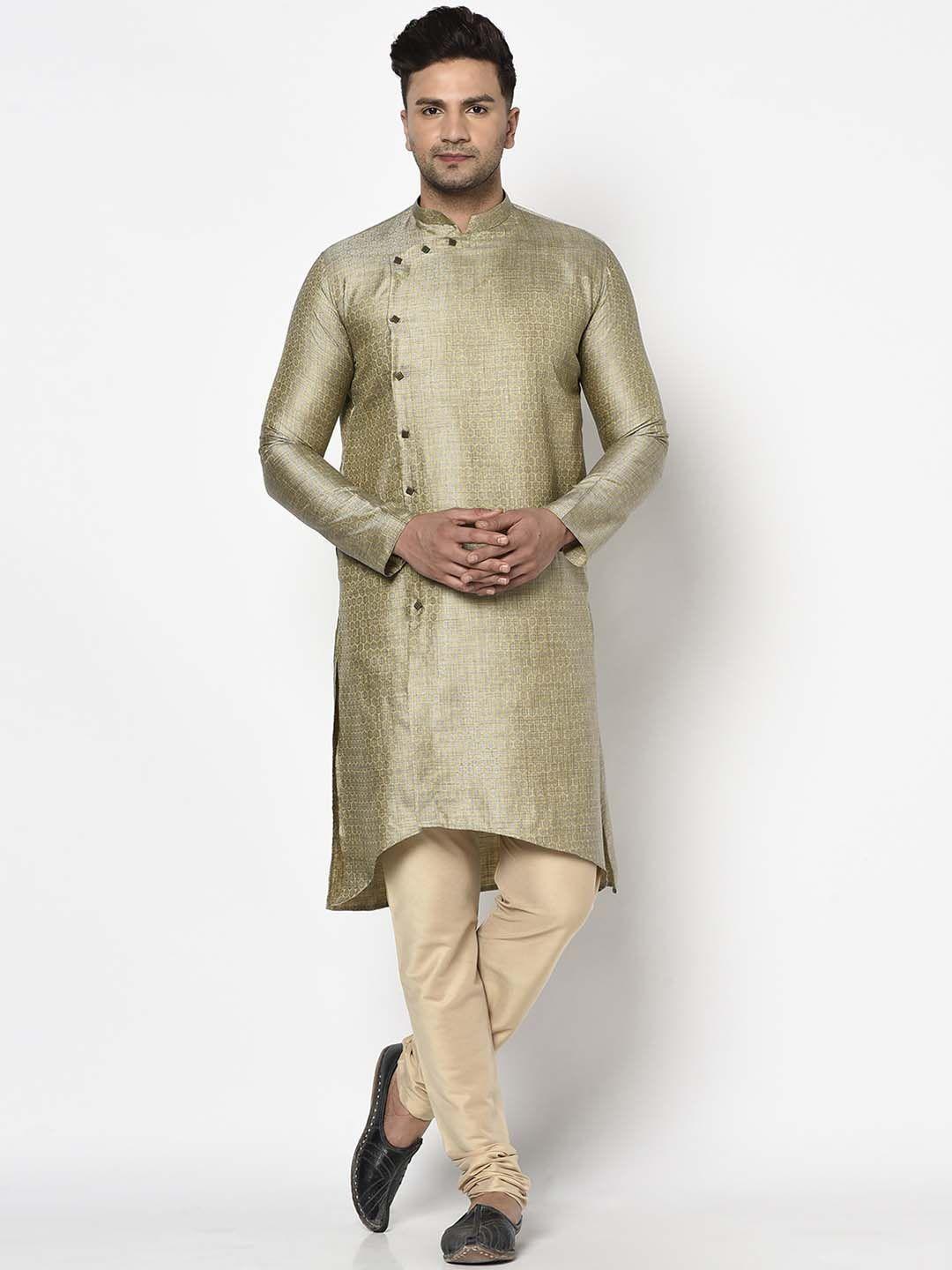 tabard men yellow & blue jacquard printed kurta with churidar