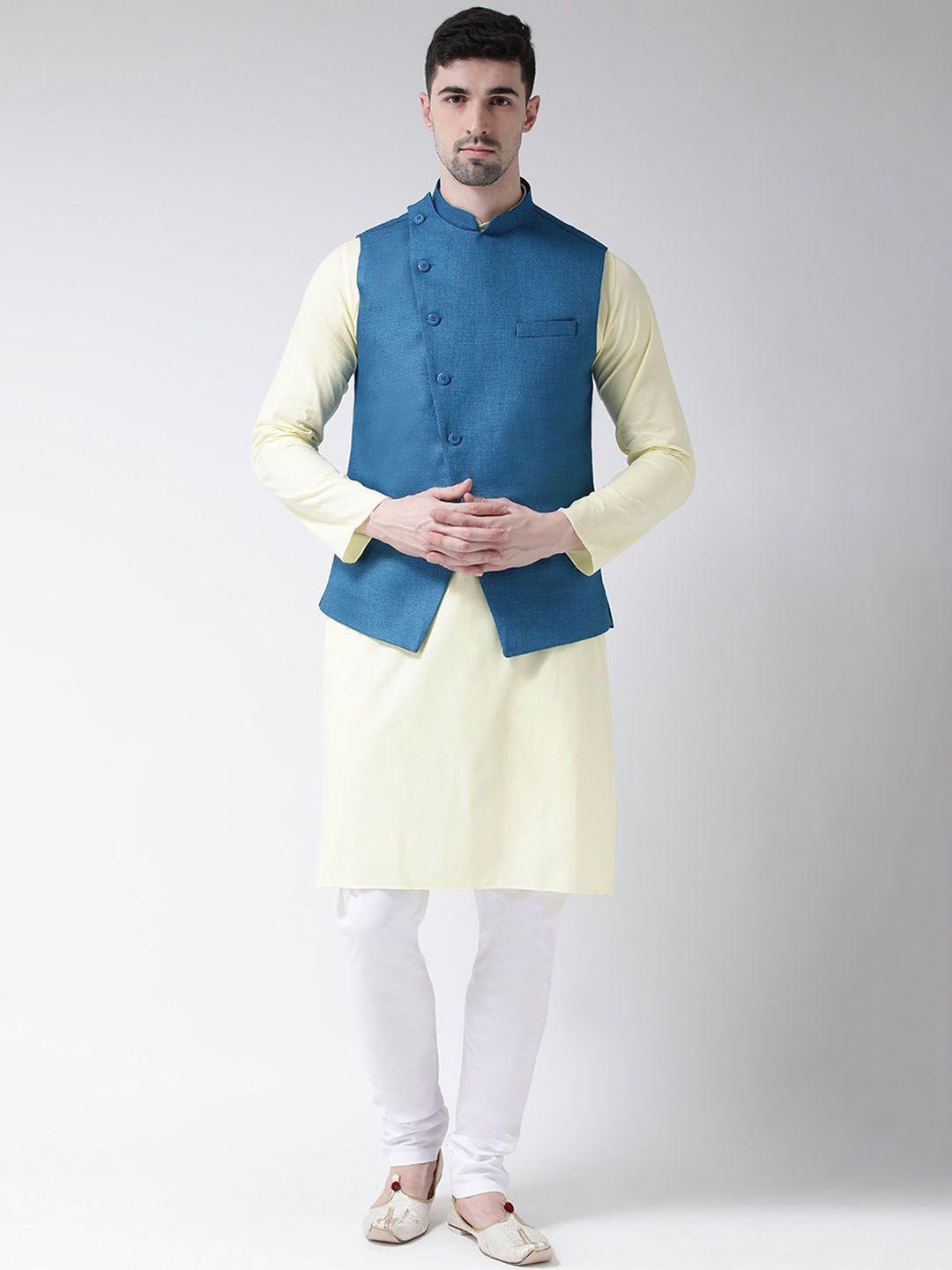 tabard men yellow regular pure cotton kurta with churidar and nehru jacket