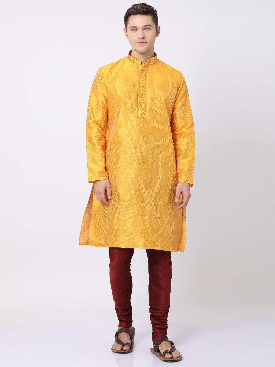tabard men yellow silk blend printed kurta