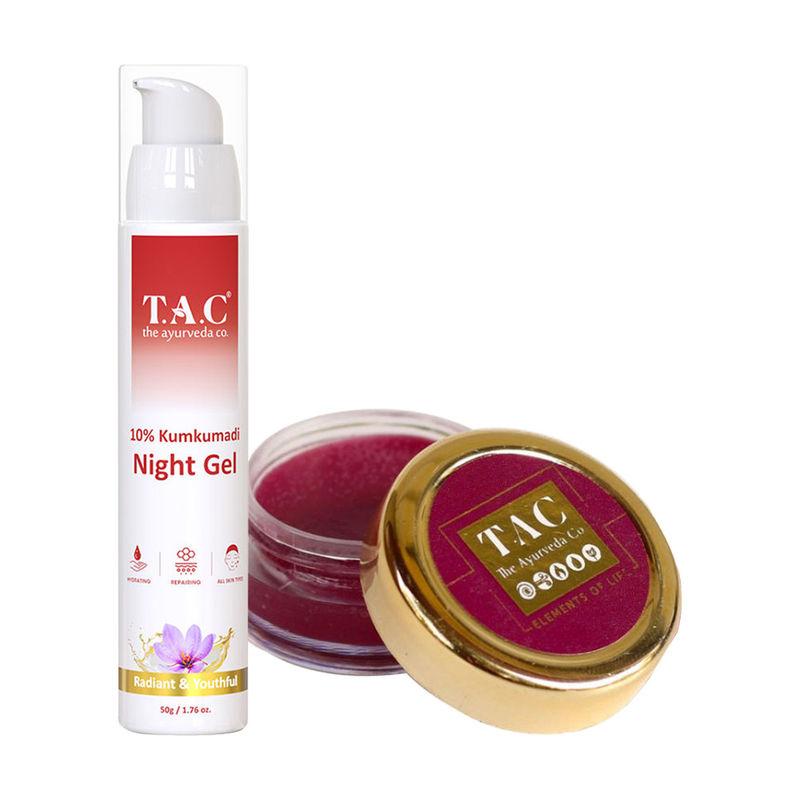 tac - the ayurveda co. 10% kumkumadi night gel & beetroot lip balm for soft & youthful skin & lips