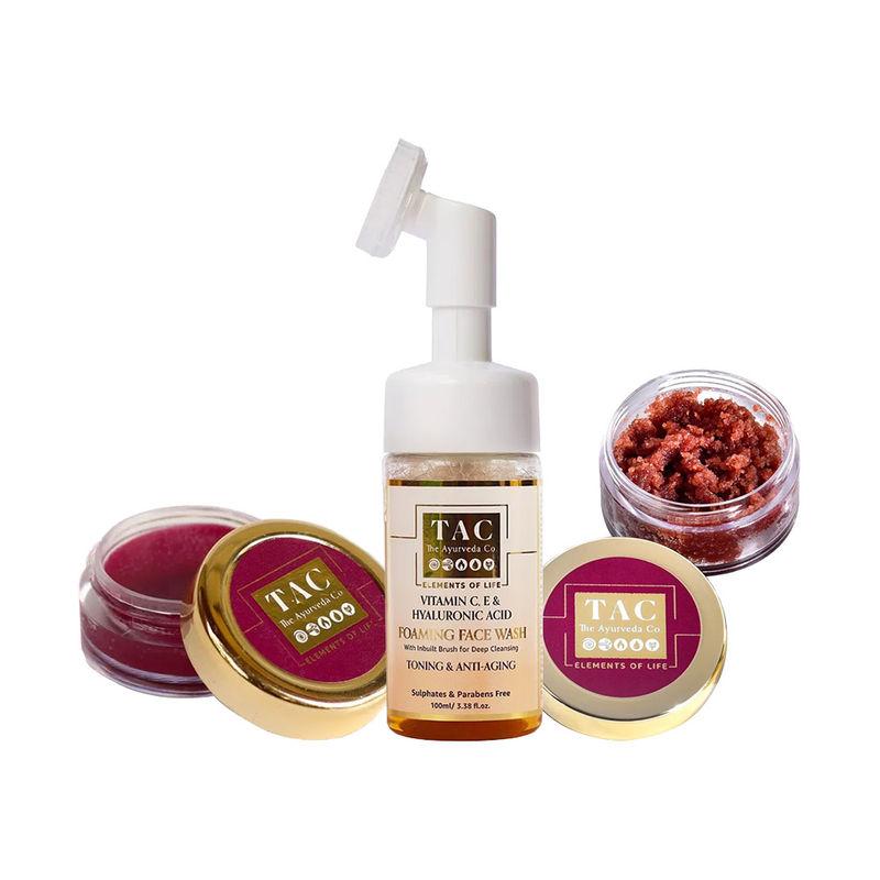 tac - the ayurveda co. beetroot lip scrub,beetroot lip balm&vitamin c face wash with hyaluronic acid