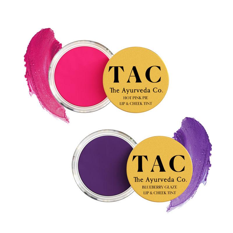 tac - the ayurveda co. combo blueberry glaze lip&cheek tint & hot pink pie shea butter lip stain