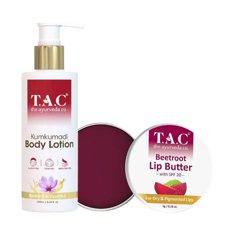 tac - the ayurveda co. kumkumadi body lotion and beetroot lip butter