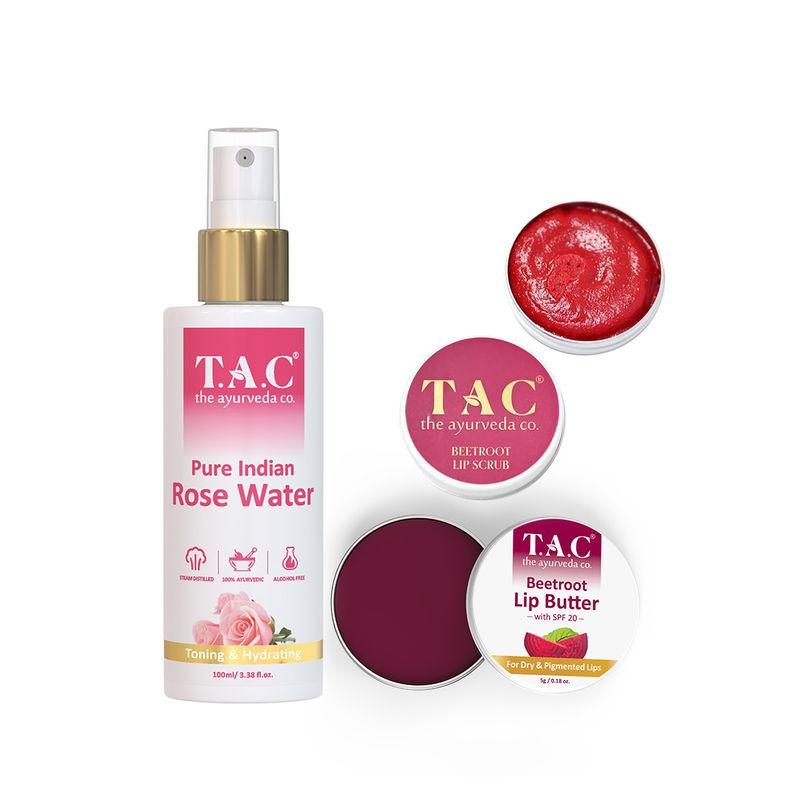 tac - the ayurveda co. rose water toner, beetroor lip scrub & beetroot lip balm