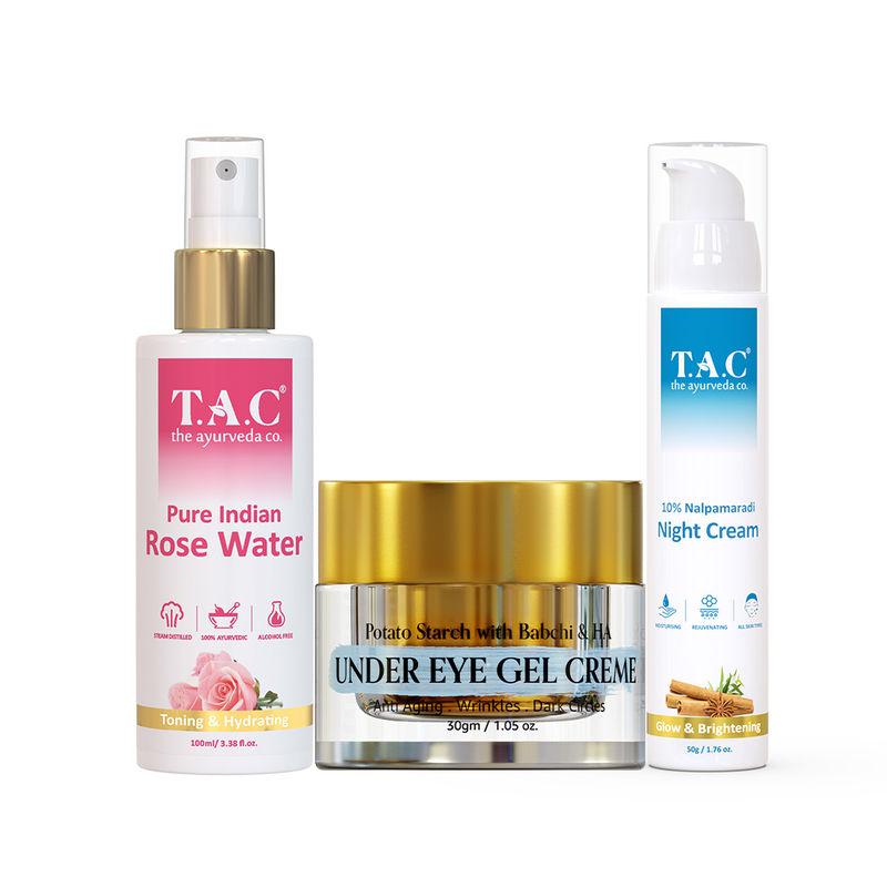 tac - the ayurveda co. rose water toner, under eye gel & anti aging night cream
